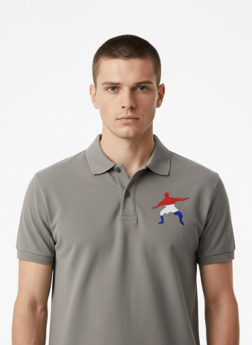 Close-up of the model wearing Nike Dri-FIT Micro Pique 2.0 Polo- Frostman Grey