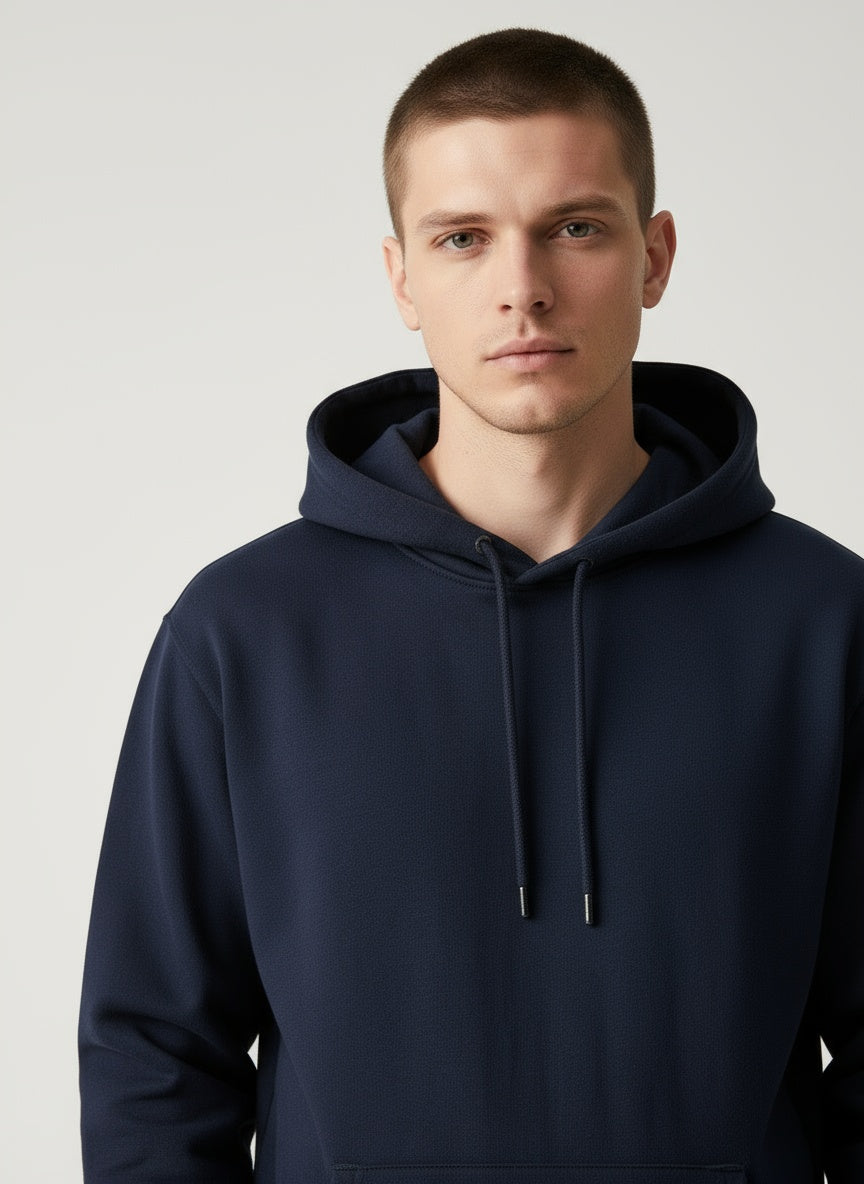 Close-up of the model wearing Frostman pullover hoody