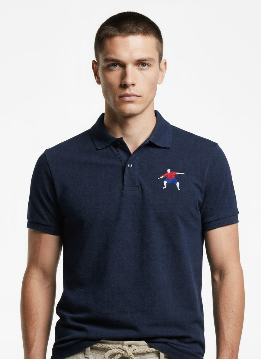 Close-up of the model wearing Adidas Performance Polo- Navy white arms logo