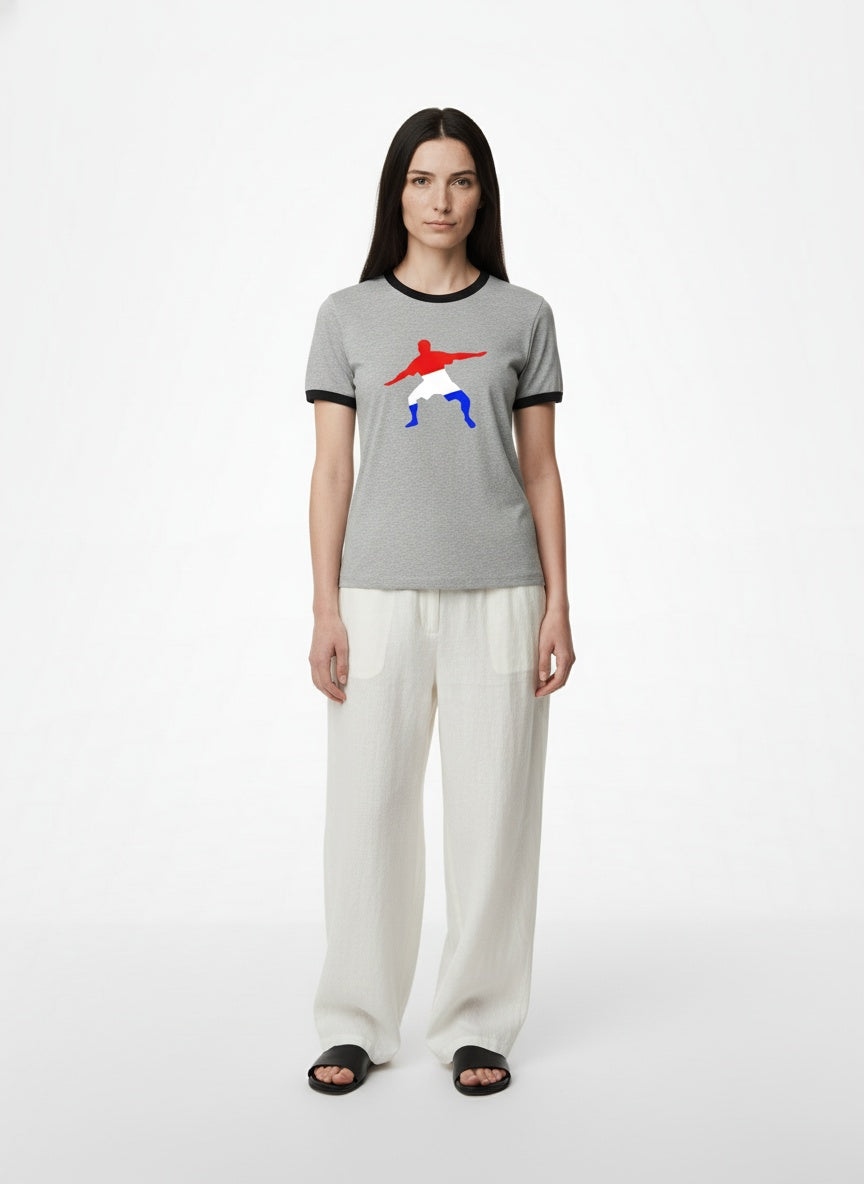 Full body view of the model wearing Frostman men's Vintage Ringer T-Shirt