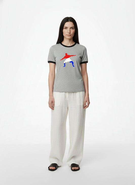 Full body view of the model wearing Frostman men's Vintage Ringer T-Shirt