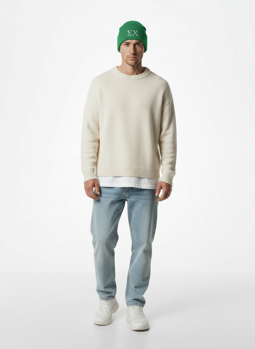 Full body view of the model wearing Sigma Chi beanie