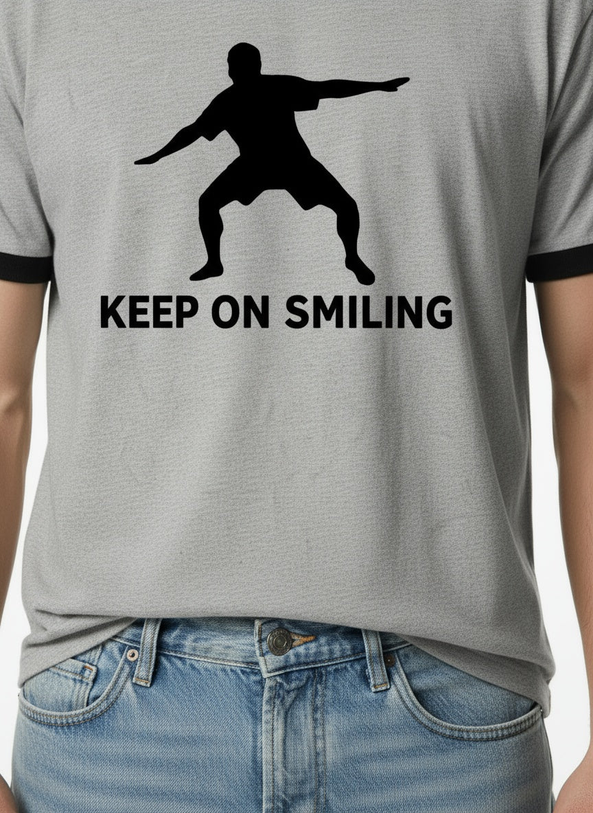 Detail shot of "KEEP ON SMILING" Vintage Ringer T-Shirt