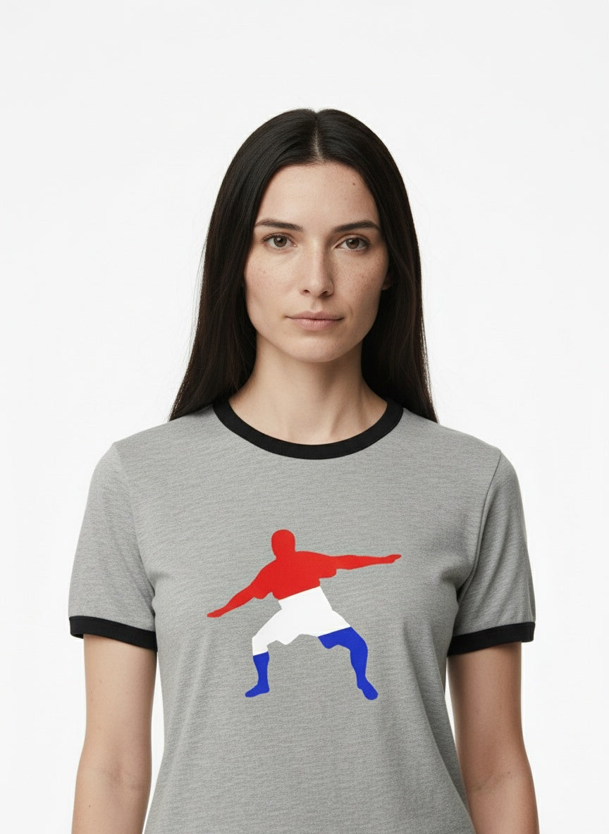 Close-up of the model wearing Frostman men's Vintage Ringer T-Shirt