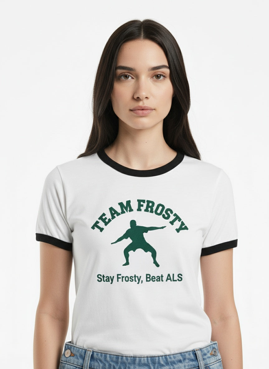 Close-up of the model wearing Vintage Ringer T-Shirt "Stay Frosty, Beat ALS"