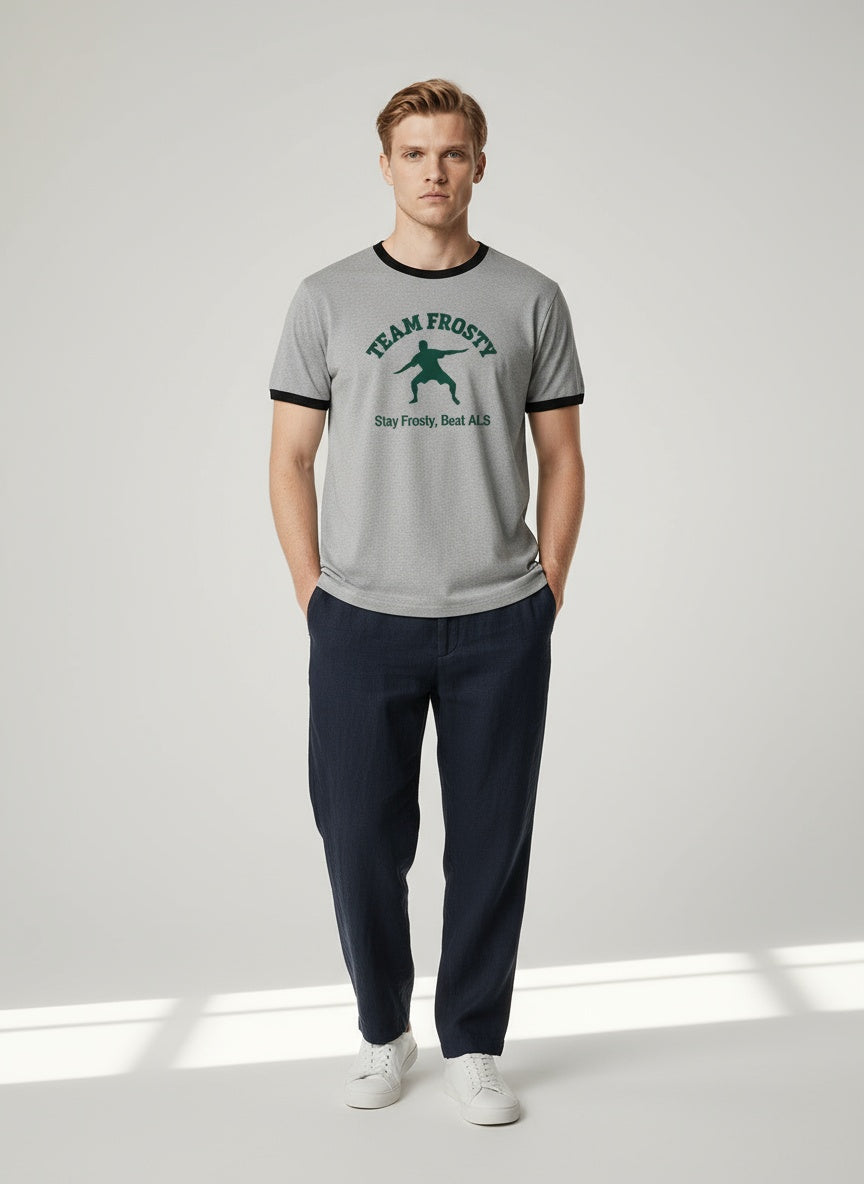 Full body view of the model wearing Vintage Ringer T-Shirt_ grey "Stay Frosty, Beat ALS"