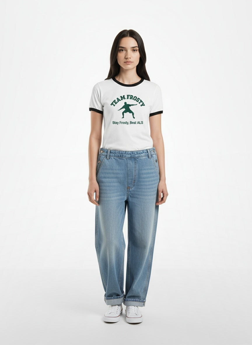 Full body view of the model wearing Vintage Ringer T-Shirt "Stay Frosty, Beat ALS"
