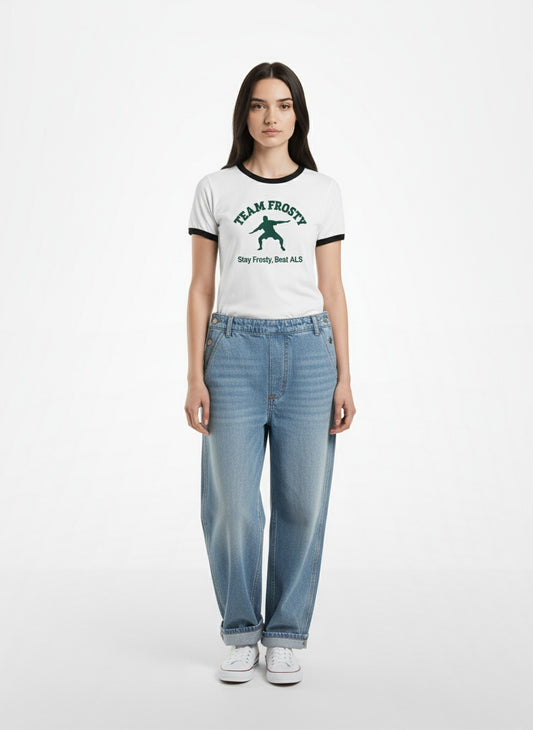 Full body view of the model wearing Vintage Ringer T-Shirt "Stay Frosty, Beat ALS"