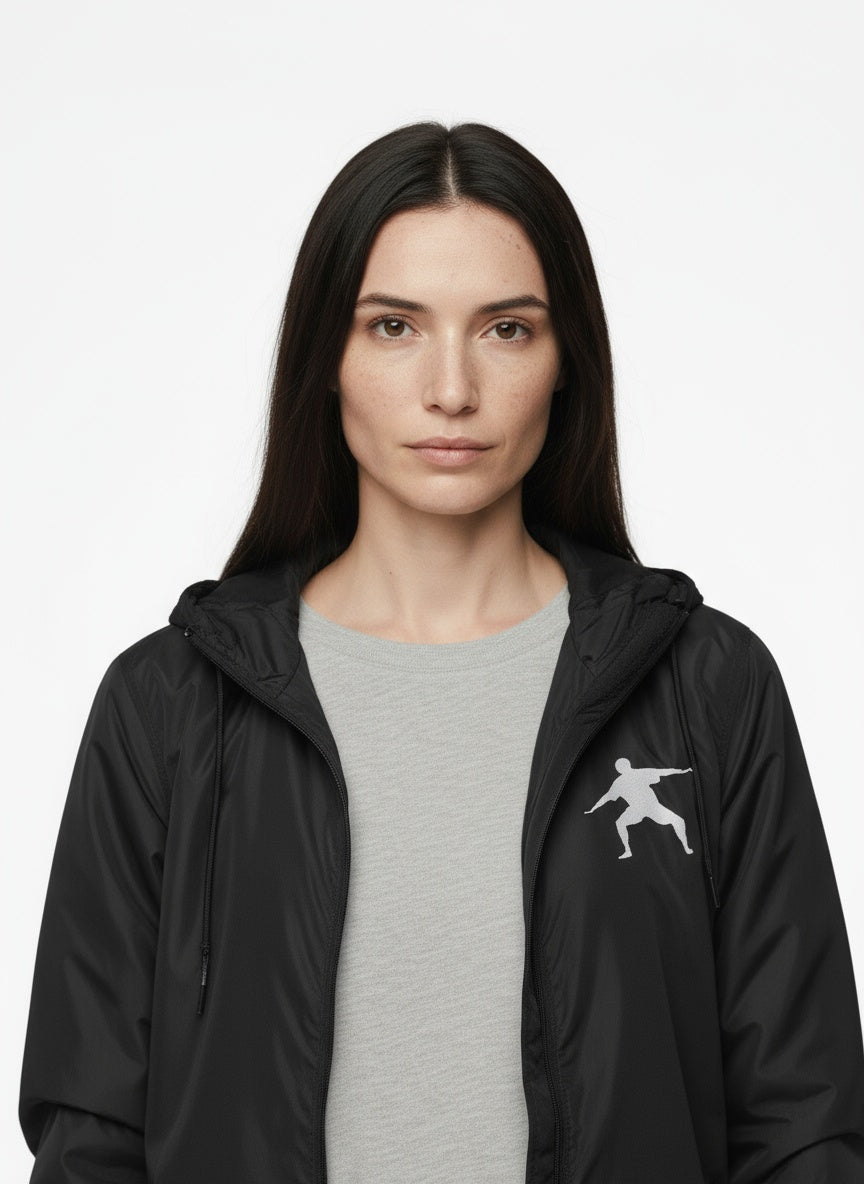 Close-up of the model wearing Water Resistant Lightweight Windbreaker- Black