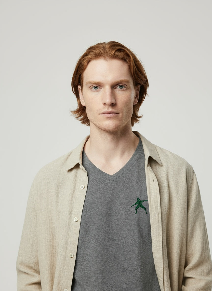 Close-up of the model wearing Team Frosty- Women’s Triblend Deep V-Neck Tee