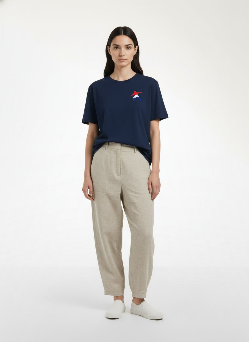 Full body view of the model wearing Frostman Performance T-Shirt UPF 50 protection- Navy