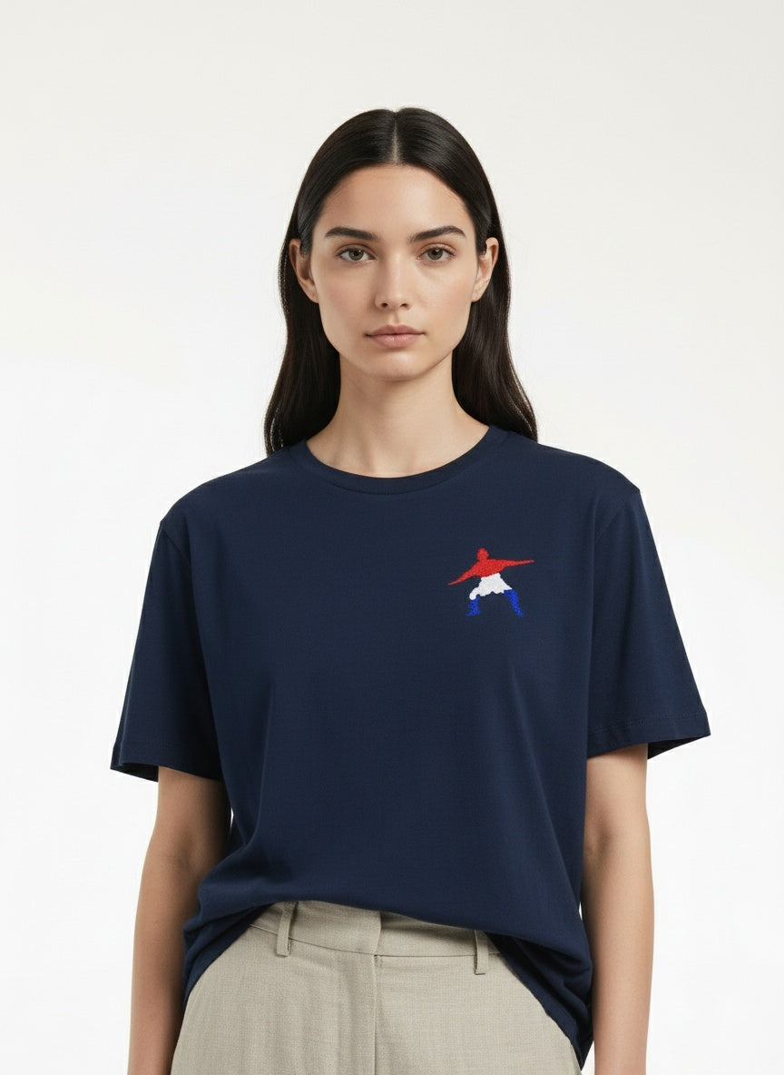 Close-up of the model wearing Frostman Performance T-Shirt UPF 50 protection- Navy