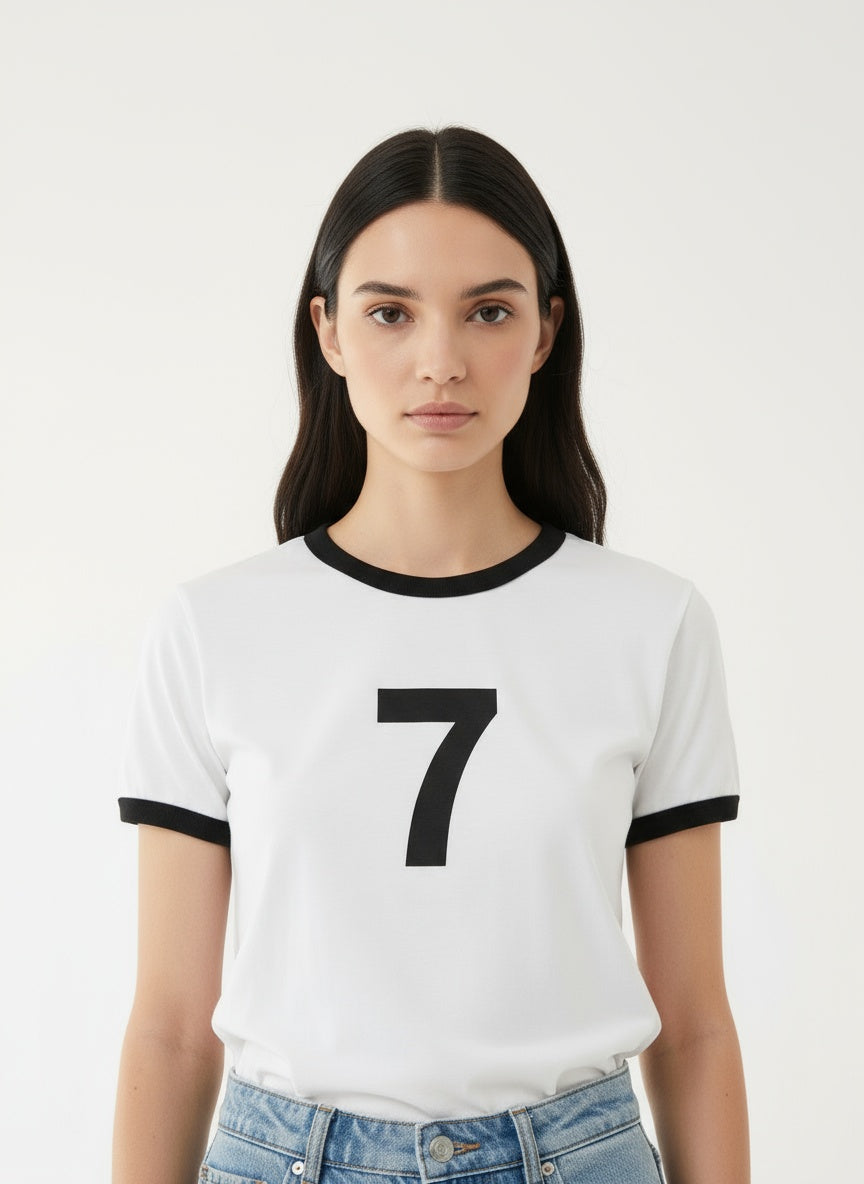 Close-up of the model wearing Frostman Vintage Ringer T-Shirt