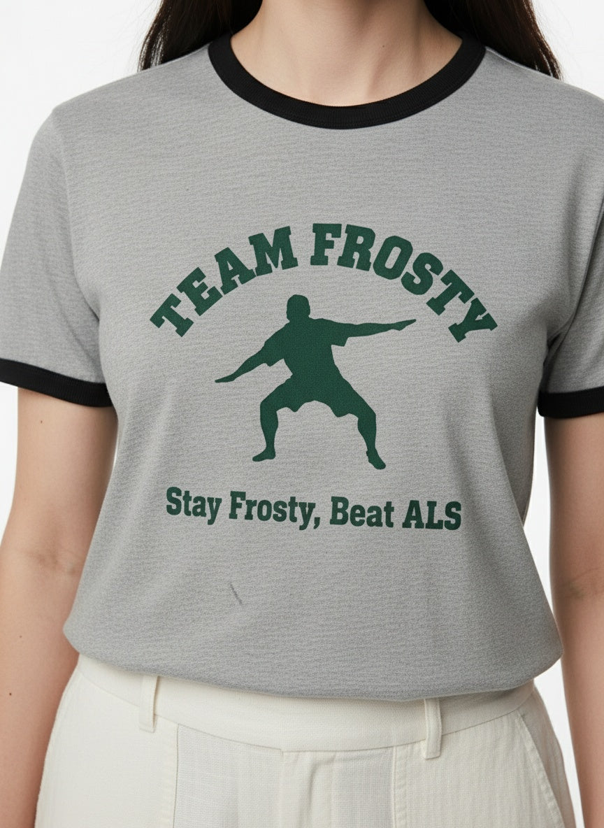 Detail shot of Vintage Ringer T-Shirt_ grey "Stay Frosty, Beat ALS"