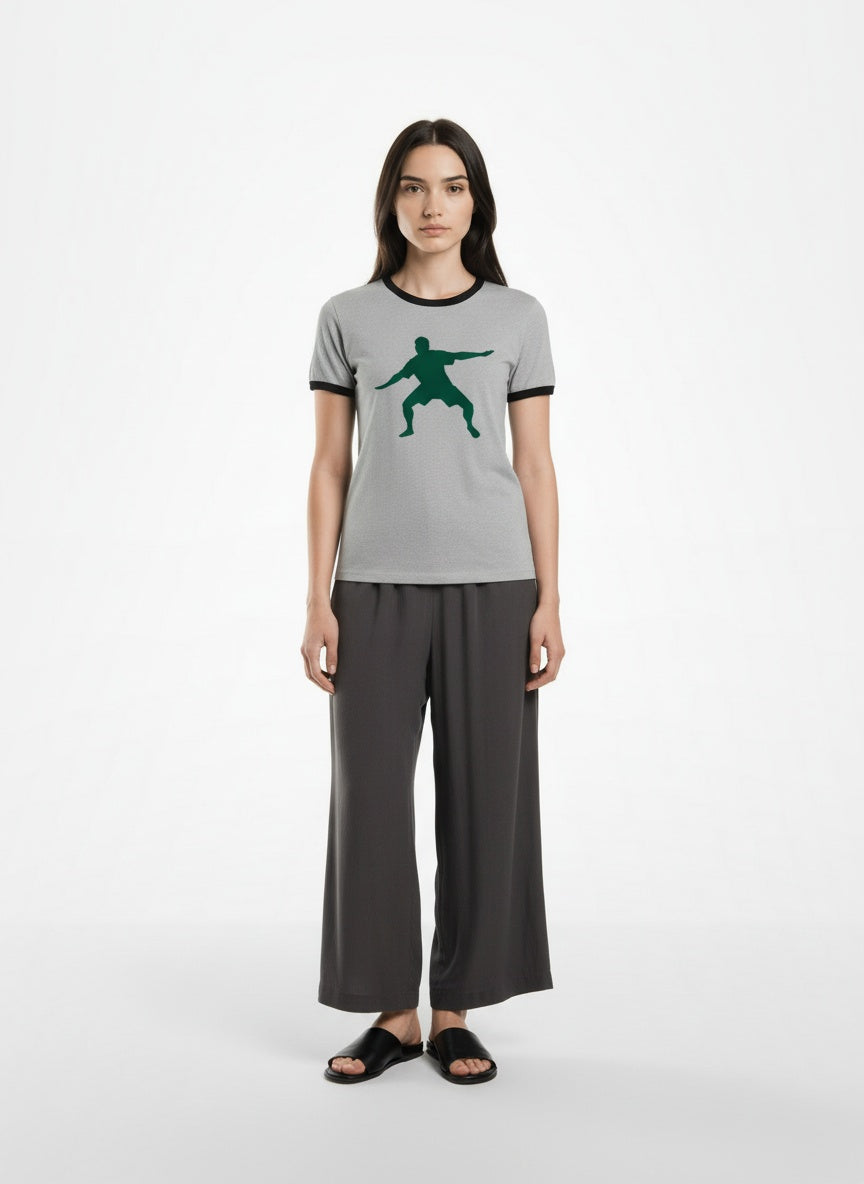 Full body view of the model wearing Frostman men's Vintage Ringer T-Shirt