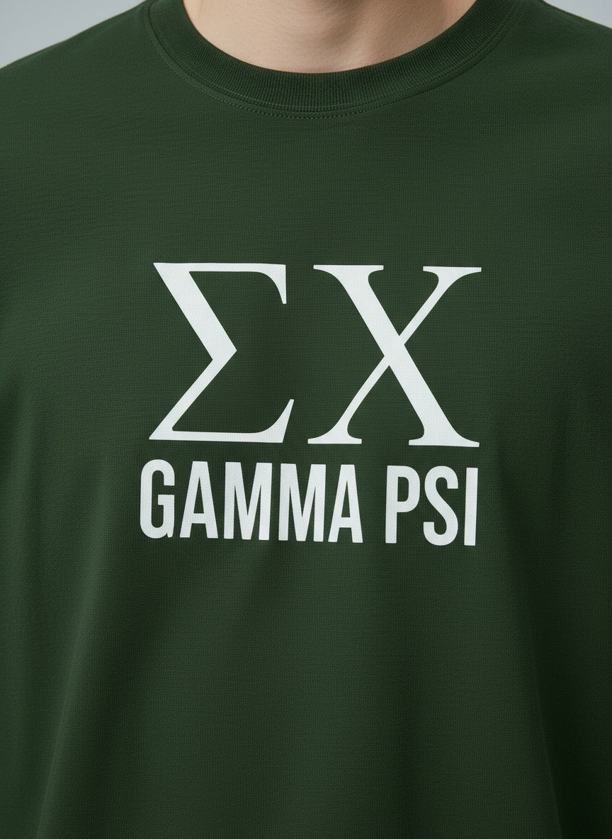 Detail shot showcasing the Sigma Chi GAMMA PSI Long Sleeve Tee fabric and design