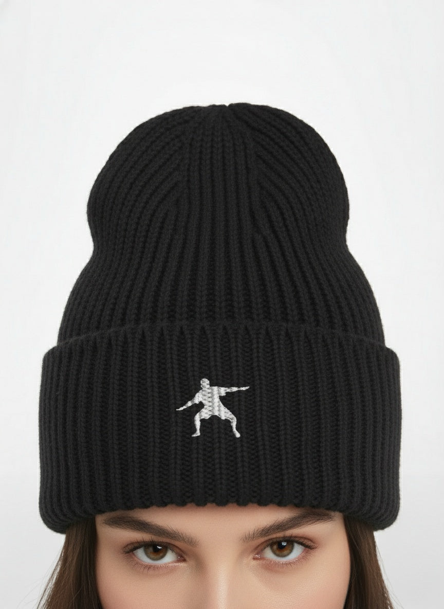 Detail shot of Sustainable Chunky Rib Knit Beanie- Black with white logo