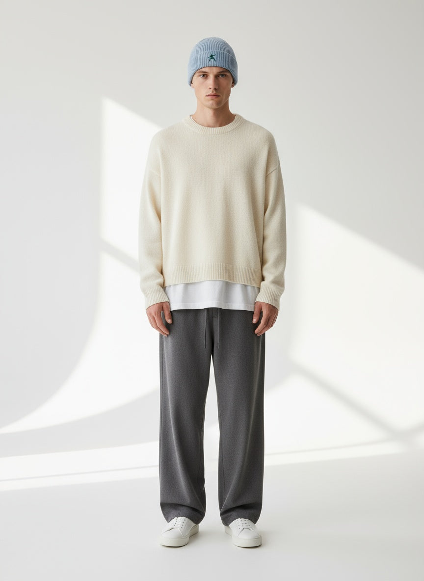 Full body view of the model wearing Sustainable Fine Rib Knit Beanie